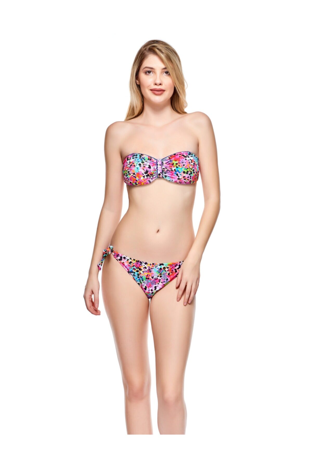Mor Straplez Renkli Desenli Bikini Takımı