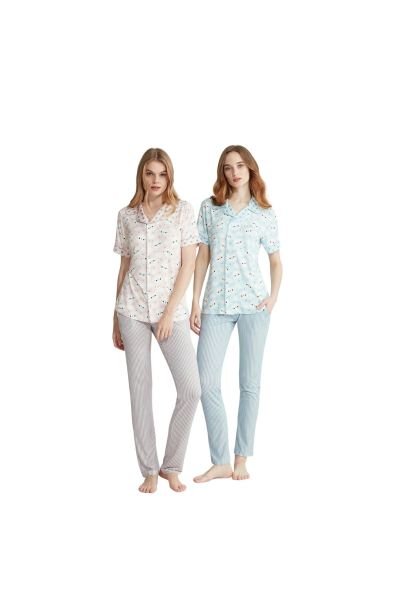 Mavi Desenli Önden Düğmeli Gömlek Yaka Kısa Kol Pijama Takımı