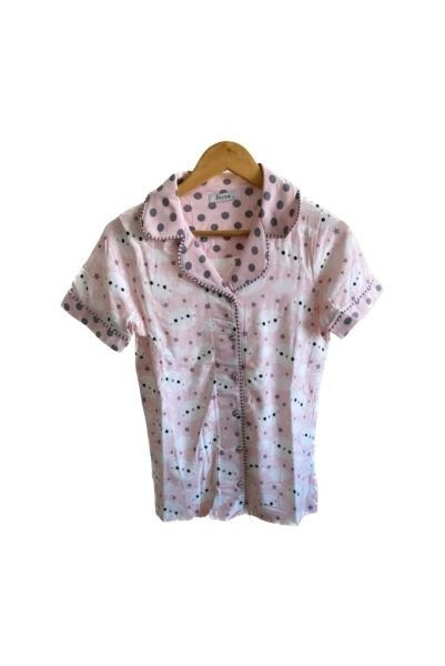 Pembe Desenli Önden Düğmeli Gömlek Yaka Kısa Kol Pijama Takımı