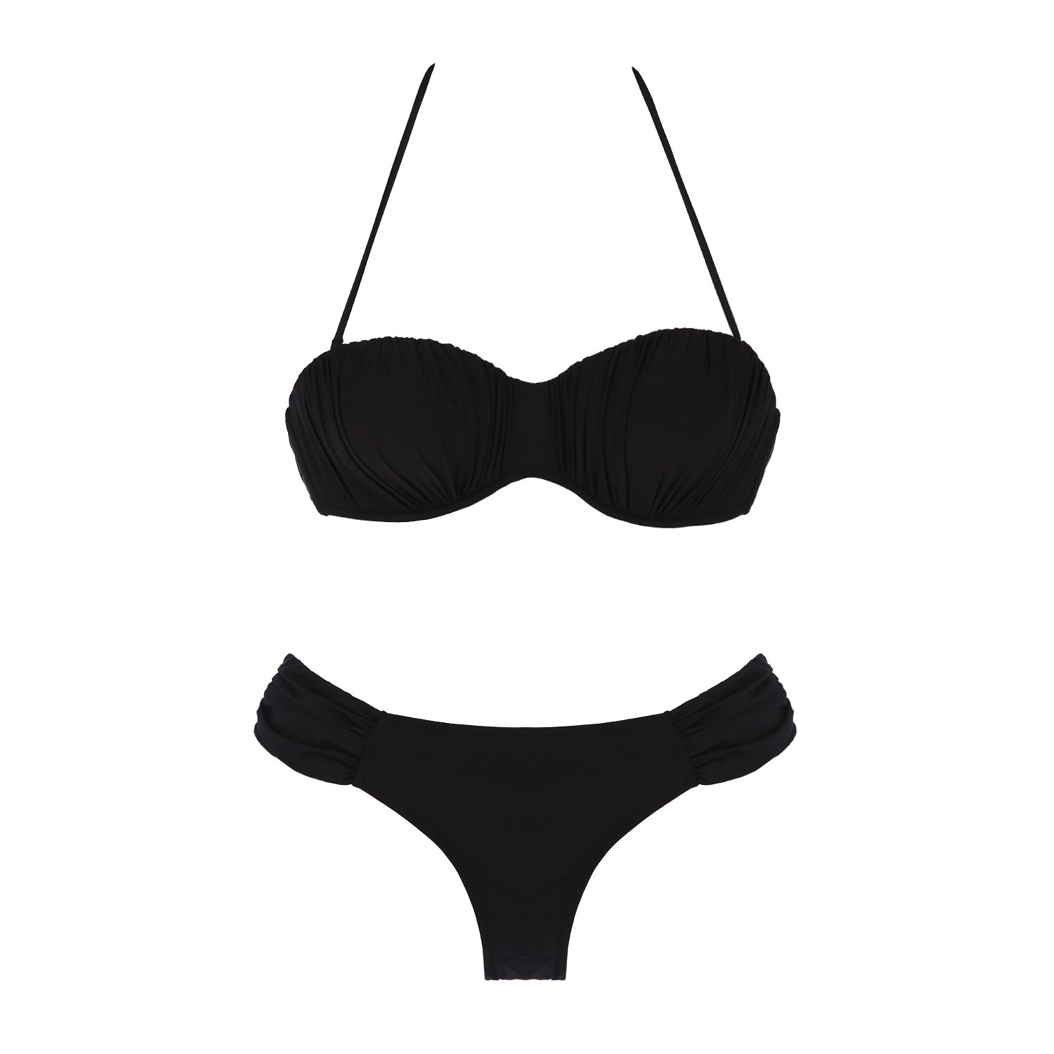 Siyah Büzgülü İçi Boş Kap Straplez Bikini Takımı
