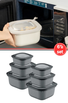 Flora Mikrodalga Saklama Kabı 6’lı Set, Buzluk Buzdolabı Mikrodalga Uygun Kapaklı Set 2x(600-1100-1800ml) Füme