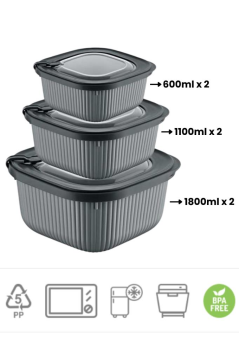 Flora Mikrodalga Saklama Kabı 6’lı Set, Buzluk Buzdolabı Mikrodalga Uygun Kapaklı Set 2x(600-1100-1800ml) Füme