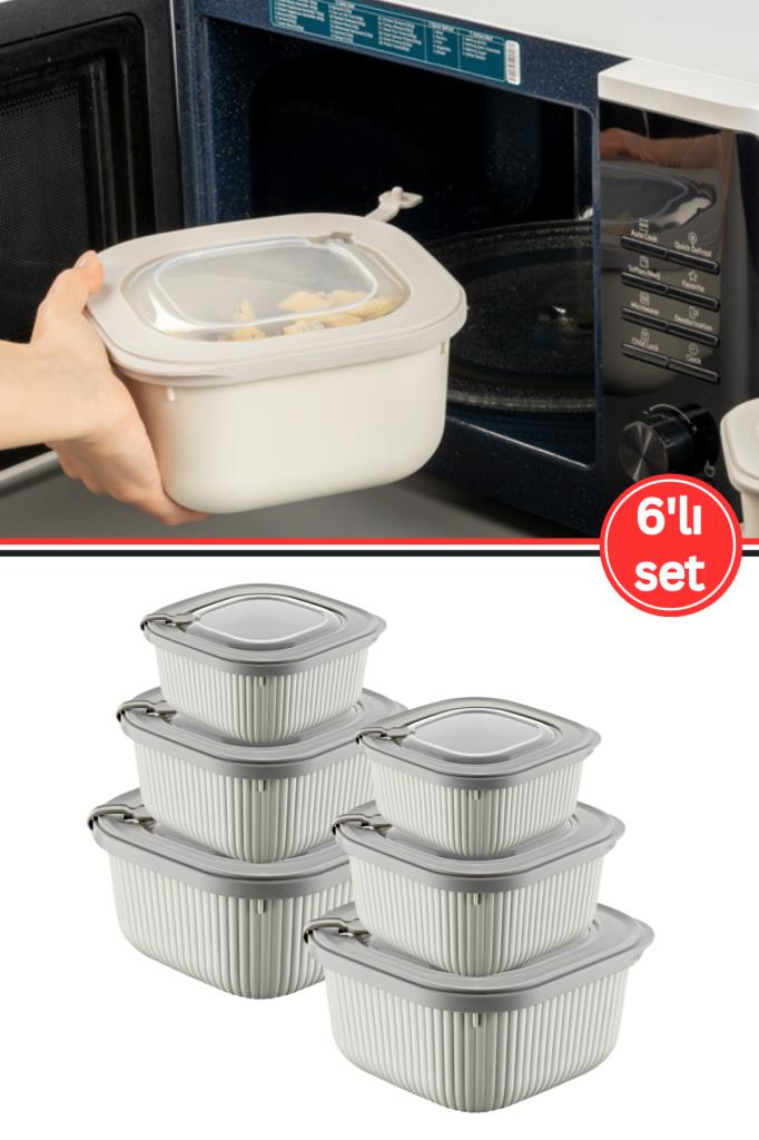 Flora Mikrodalga Saklama Kabı 6’lı Set, Buzluk Mikrodalga Uygun Kapaklı Özel Set 2x(600-1100-1800ml) Krem