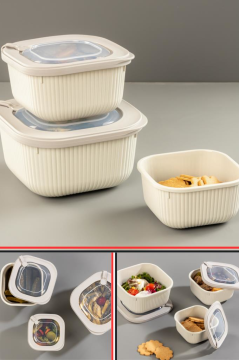 Flora Mikrodalga Saklama Kabı 6’lı Set, Buzluk Mikrodalga Uygun Kapaklı Özel Set 2x(600-1100-1800ml) Krem