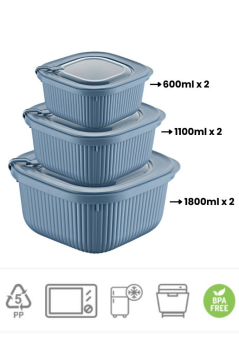 Flora Mikrodalga Saklama Kabı 6’lı Set, Buzluk Mikrodalga Uygun Kapaklı Özel Set 2x(600-1100-1800ml) Mavi