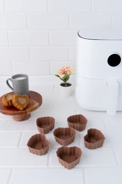 6’lı Silikon Kalp Muffin Airfryer Kek Kalıbı ve Pasta Süsleme Şablonu, Kahve, Tatlı Şekillendirici Süsleme Aparatı İkili Set