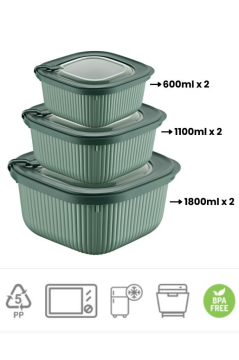FloraMikrodalga Saklama Kabı 6’lı Set, Buzluk Mikrodalga Uygun Kapaklı Özel Set 2x(600-1100-1800ml) Yeşil