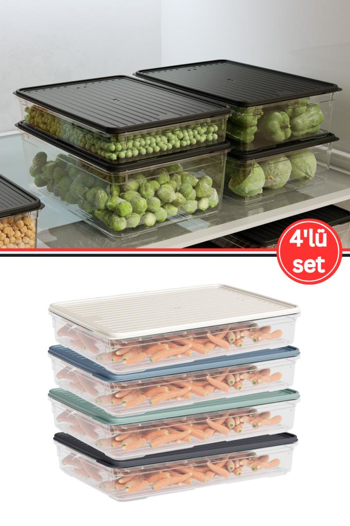 Flora 4'lü Buzdolabı Düzenleyici Set, Buzluk Difriz Derin Dondurucu Buzdolabı Saklama Kabı 4x2200ml