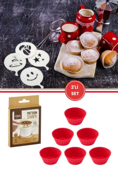 6’lı Airfryer Silikon Kek Muffin Kalıbı ve Pasta Süsleme Şablonu, Kahve, Tatlı Şekillendirici Süsleme Aparatı İkili Set