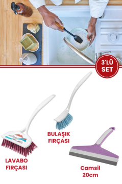 Flora 3’lü Trendy Temizlik Seti, F367 Bulaşık Fırçası + F388 Lavabo Küvet Fırçası + F009 Camsil Seti