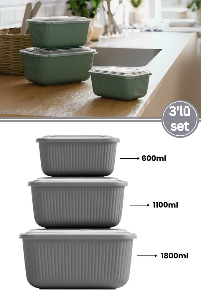 Flora 3’lü Erzak Gıda Saklama Kabı, Buzdolabı Düzenleyici Organizer 3’lü Set (600ml,1100ml,1800ml)
