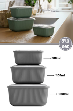 Flora 3’lü Erzak Gıda Saklama Kabı, Buzdolabı Düzenleyici Organizer 3’lü Set (600ml,1100ml,1800ml)