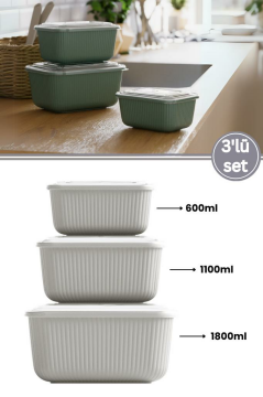 Flora 3’lü Erzak Gıda Saklama Kabı, Buzdolabı Düzenleyici Organizer 3’lü Set (600ml,1100ml,1800ml)