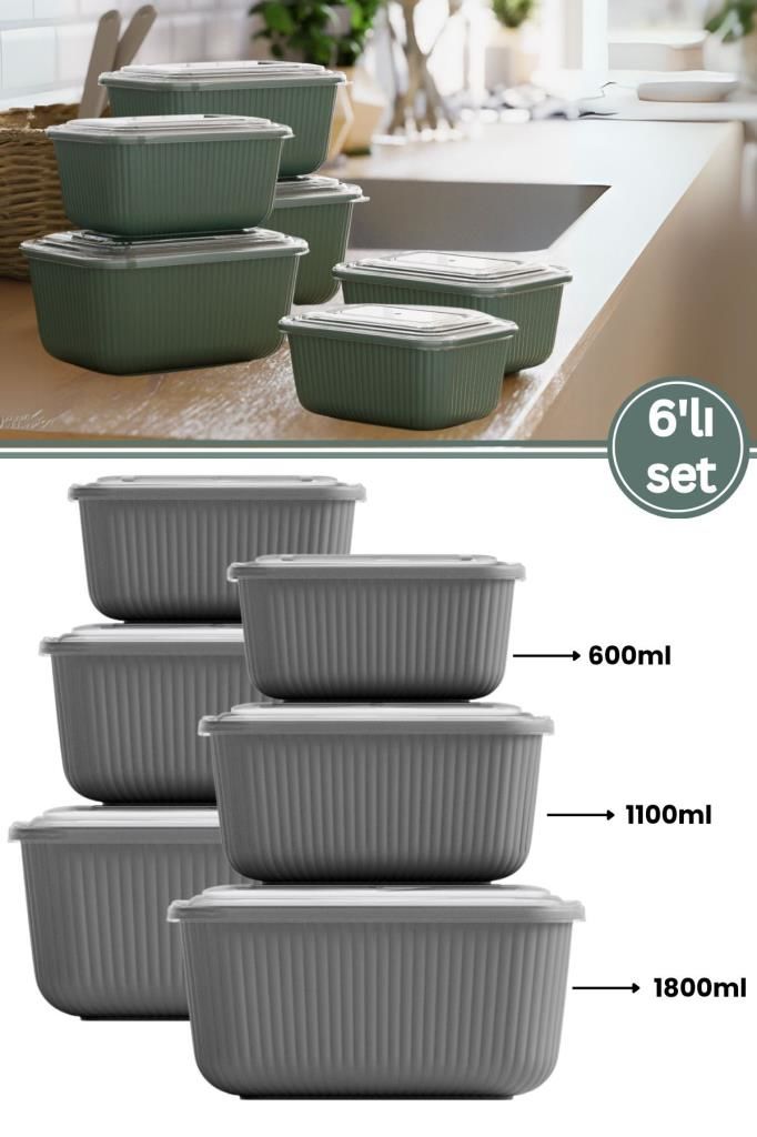 6 lı Erzak Gıda Saklama Kabı, Buzdolabı Düzenleyici Organizer 6 lı Set 2x(600ml,1100ml,1800ml) Gri