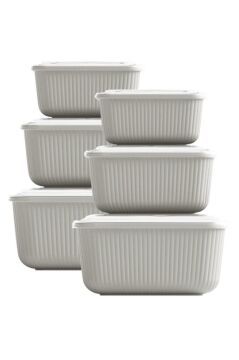 6 lı Erzak Gıda Saklama Kabı, Buzdolabı Düzenleyici Organizer 6 lı Set 2x(600ml,1100ml,1800ml) Ekru