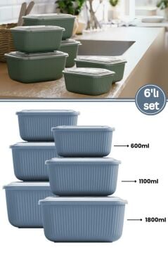 6 lı Erzak Gıda Saklama Kabı, Buzdolabı Düzenleyici Organizer 6 lı Set 2x(600ml,1100ml,1800ml) Mavi