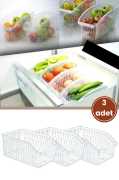 Flora 3 Adet Şeffaf Buzdolabı Sepeti, Mutfak Dolap İçi Düzenleyici Sebze Meyve Erzak Organizer 3’lü Set