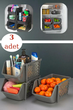 3 Katlı Ayrılabilir Mutfak Banyo Raf Düzenleyici, Buzdolabı Organizer, Toparlayıcı Sepet 3 Adet FÜME