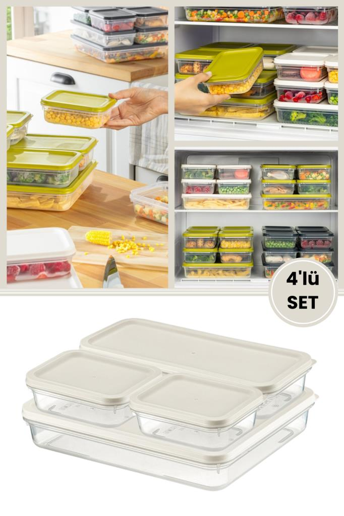 Flora 4’lü Dondurucu Saklama Kabı Seti, Buzdolabı Difriz Erzak Gıda Düzenleyici Set (2600,1200,500,500ml)