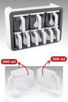 Standlı Kaşıklı Kapaklı 9’lu Baharatlık Seti, Kendinden Yapışkanlı Baharat Takımı (3x600ml, 6x300ml)
