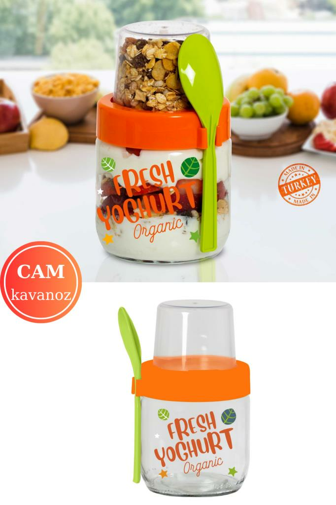 Flosoft Kaşıklı Cam Müsli Kabı, Meyve Yoğurt Yulaf Müsli Granola Diyet Saklama Kabı 425ml