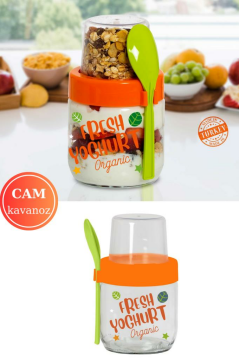 Flosoft Kaşıklı Cam Müsli Kabı, Meyve Yoğurt Yulaf Müsli Granola Diyet Saklama Kabı 425ml