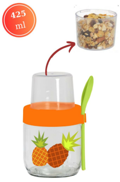 Flosoft Kaşıklı Cam Müsli Kabı, Meyve Yoğurt Yulaf Müsli Granola Diyet Saklama Kabı 425ml