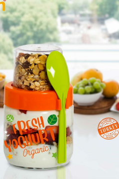 Flosoft Kaşıklı Cam Müsli Kabı, Meyve Yoğurt Yulaf Müsli Granola Diyet Saklama Kabı 425ml