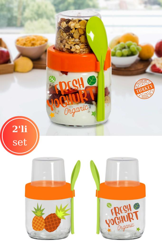 Flosoft 2'li Kaşıklı Cam Müsli Kabı Seti, Meyve Yoğurt Yulaf Müsli Granola Diyet Saklama Kabı 425ml x 2 ADET