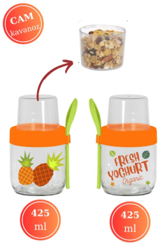 Flosoft 2'li Kaşıklı Cam Müsli Kabı Seti, Meyve Yoğurt Yulaf Müsli Granola Diyet Saklama Kabı 425ml x 2 ADET