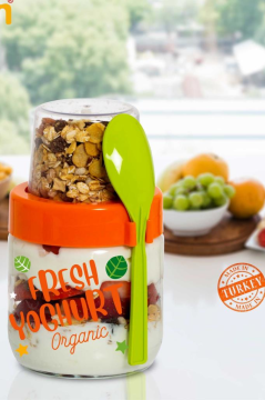 Flosoft 2'li Kaşıklı Cam Müsli Kabı Seti, Meyve Yoğurt Yulaf Müsli Granola Diyet Saklama Kabı 425ml x 2 ADET