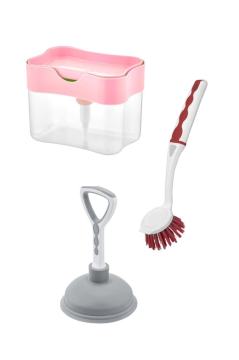 Flora 3’lü Bulaşık Temizlik Seti, Pompalı Hazneli Bulaşık Deterjanlığı + Bulaşık Fırçası + Lavabo Pompası