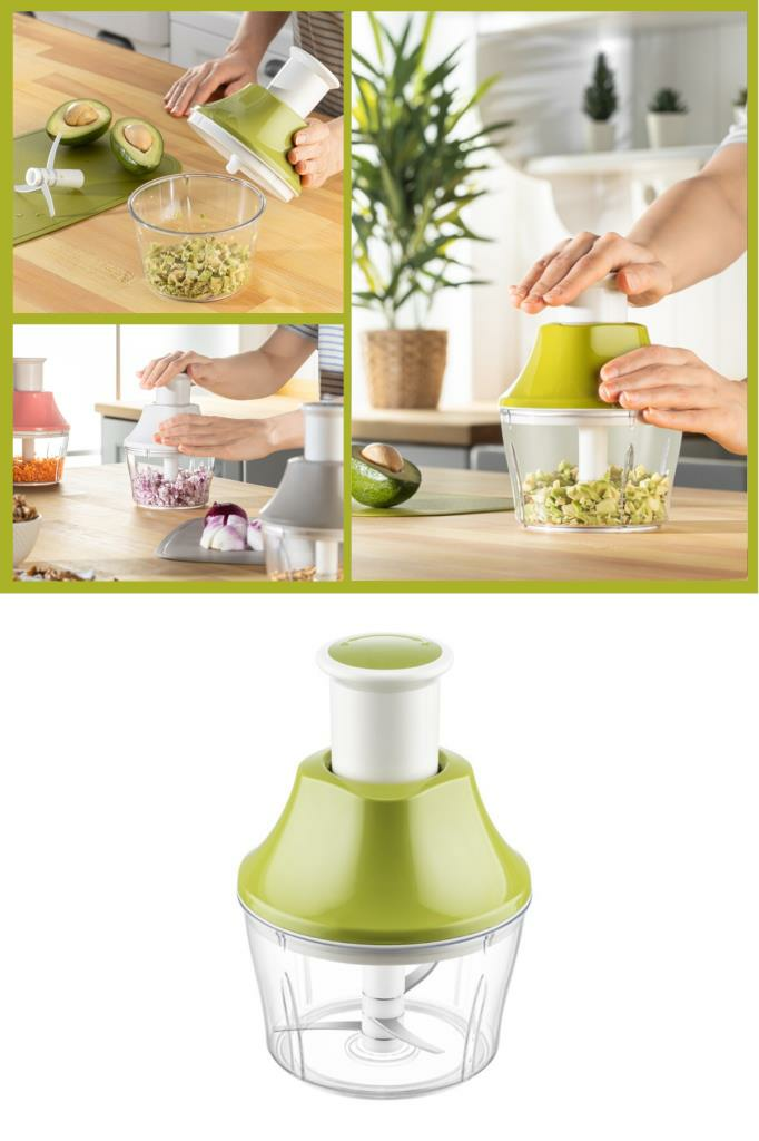 Flosoft Paslanmaz Çelik Bıçak Manuel Doğrayıcı Rondo, 3 Bıçaklı Üstten Basmalı El Robotu 700 ml