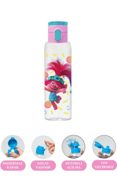 Flosoft Lisanslı Trolls Düğmeli Matara ve Beslenme Kutusu, 3 Bölmeli Okul Kabı ve Suluğu 2’li Set