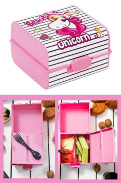 Flosoft Unicorn Matara ve Beslenme Kutusu, Desenli 3 Bölmeli Okul Beslenme Kabı ve Suluğu 2’li Set