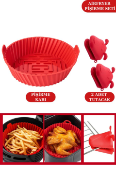 Onikiden Airfryer Silikon Pişirme Kabı ve 2 Adet Isı Yalıtımlı Fırın Eldiveni Tutacağı Seti