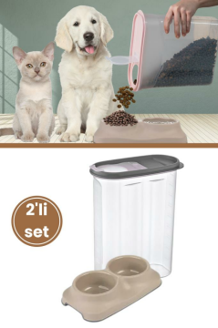 Evcil Hayvan Kedi Köpek Mama Erzak Saklama Kabı ve Mama Su Kabı 2’li Set