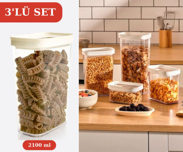 Flosoft 3’lü Lüks Kristal Dikdörtgen Erzak Saklama Kabı Seti 3x2100ml