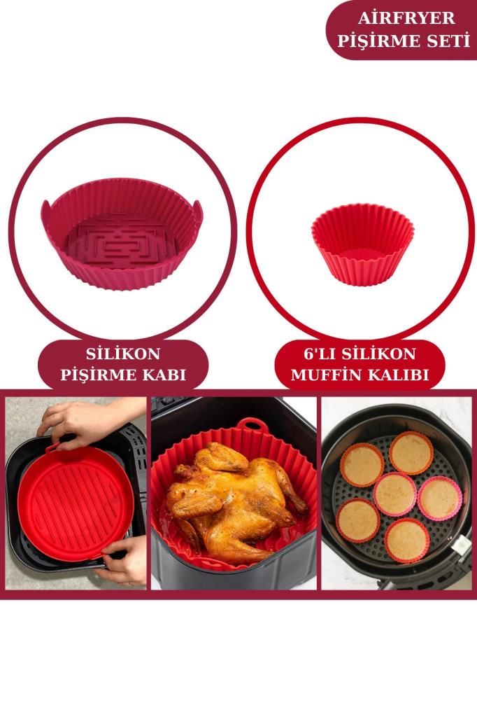 Onikiden Airfryer Silikon Pişirme Kabı ve 6’lı Kek Muffin Kalıbı Set- Tüm Hava Fritözleriyle Uyumlu