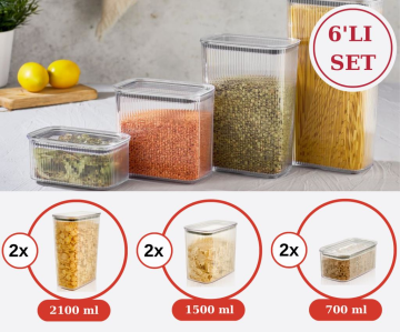 Flosoft Vakum Kapaklı Çizgi Desen Erzak Saklama Kabı 6’lı Set 2x(2100ml,1500ml,700ml)