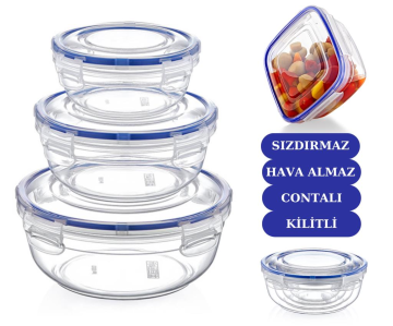 Flosoft Contalı Sızdırmaz Hava Almaz Yuvarlak Saklama Kabı 3’lü Set (400ml,800ml,1350ml)