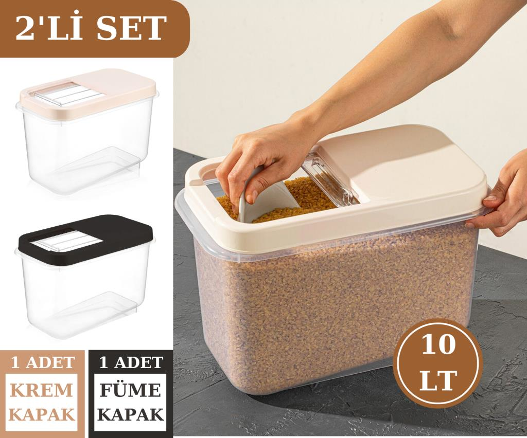 Flosoft 10 LT Un Bakliyat Erzak Saklama Kabı Deterjan Kutusu 2’li Set Füme+Krem
