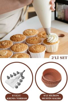 Silicolife 6’lı Airfryer Silikon Kek Muffin Kalıbı ve 8 Uçlu Krema Sıkma Torbası Duy Seti
