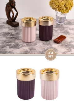 Kokusuz Çizgili Gold Küllük, Dumansız Yuvarlak Küllük Mor ve Pembe 2'li Set