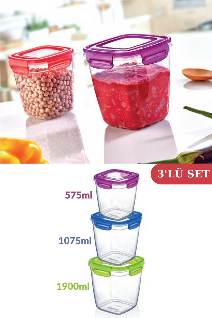 Flosoft Kilitli Derin Kare Un Bakliyat Erzak Saklama Kabı 3’lü Set (575ml,1075ml,1900ml)
