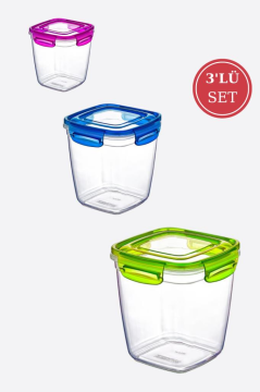 Flosoft Kilitli Derin Kare Un Bakliyat Erzak Saklama Kabı 3’lü Set (575ml,1075ml,1900ml)