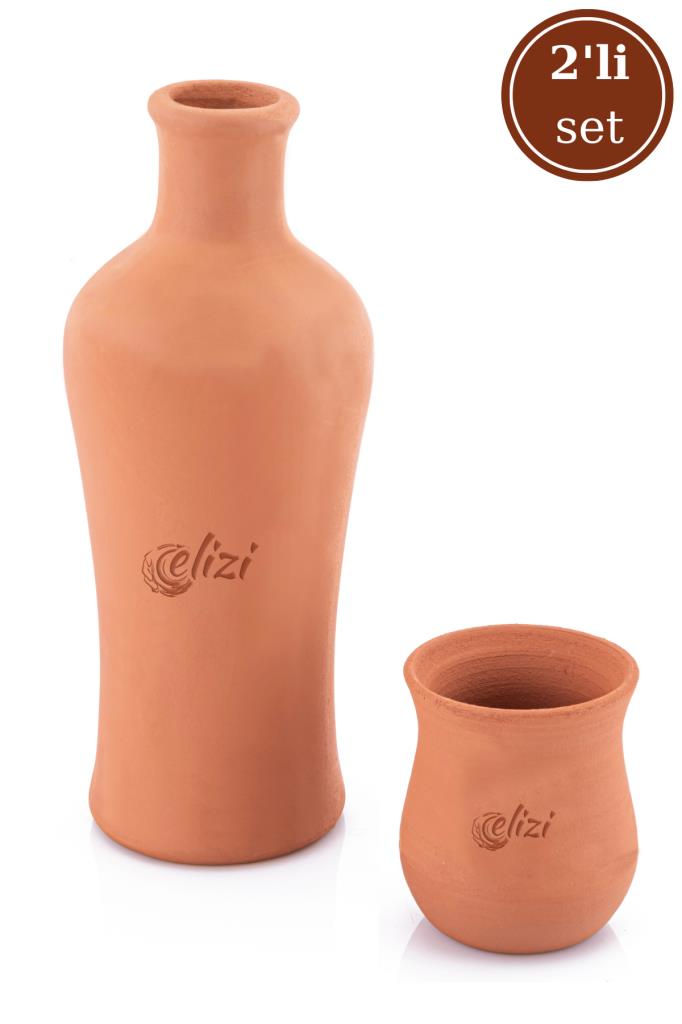 Elizi Çömlekleri Bardaklı Su Şişesi Sürahi, Toprak Şişe ve Toprak Bardak 2’li Set