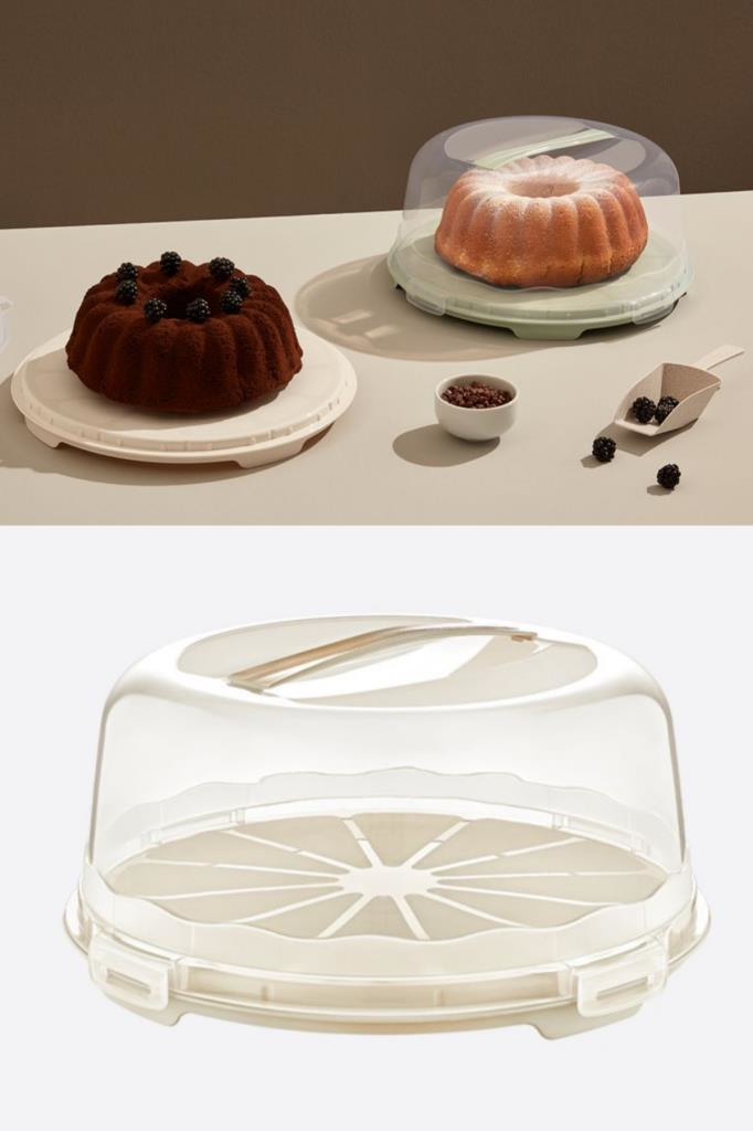Flosoft Kek Pasta Börek Saklama Kabı, Kilitli Borcam Taşıma Fanusu 34cm Büyük Boy