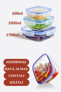 Flosoft Sızdırmaz Hava Almaz Contalı Kilitli Kare Saklama Kabı 3’lü Set (600ml,1000ml,1700ml)