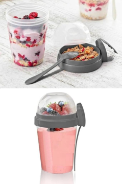 Flosoft Kaşıklı Yoğurt Müsli Kabı, Pratik Taşınabilir Atıştırmalık Diyet Kabı 600+200ml